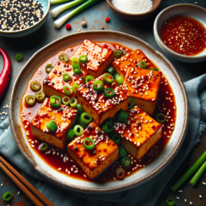 DALL·E 2023 10 07 01.13.51 photo of a plate of Korean braised tofu dubu jorim glazed with a spicy and sweet sauce garnished with sesame seeds and green onions