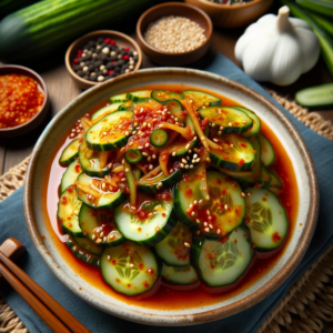 DALL·E 2023 10 07 01.29.44 photo of a traditional Korean dish of thinly sliced cucumber seasoned with a spicy and tangy sauce served as a side dish
