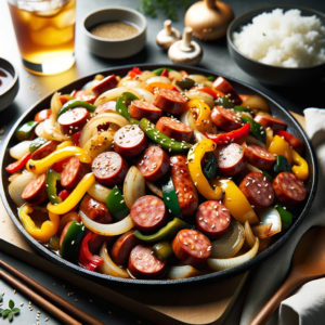 DALL·E 2023 10 11 22.55.36 Photo A sizzling plate of Sausage Yachae Bokkeum Korean stir fried sausage and vegetables is showcased on a modern kitchen counter. The sausages ar