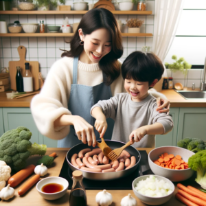 DALL·E 2023 10 11 22.55.37 Photo In a cozy home setting a mother and her child are happily preparing Sausage Yachae Bokkeum together. The mother is tossing the ingredients in