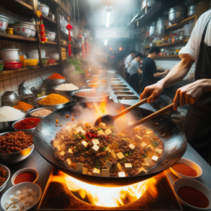 DALL·E 2023 10 11 22.59.09 Photo Inside a bustling Chinese kitchen a chef is skillfully stirring a wok filled with sizzling Mapo Tofu. The flames beneath the wok illuminate th