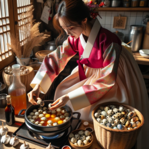 DALL·E 2023 10 11 23.05.37 Photo In a sunlit traditional Korean kitchen a young woman wearing a vibrant hanbok is carefully adding quail eggs to a simmering pot of Mechu ri