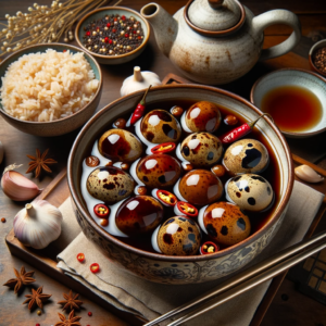 DALL·E 2023 10 11 23.05.43 Photo An ornate ceramic bowl brimming with Mechu ri al Jangjorim soy braised quail eggs is showcased on an elegant wooden table. The glossy quail e