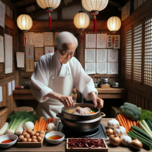 DALL·E 2023 10 11 23.09.25 Photo In a traditional Korean setting with wooden panels and paper lanterns an elderly chef wearing a white apron is attentively preparing Andong