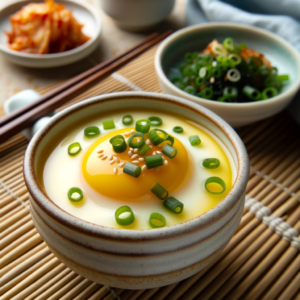DALL·E 2023 10 11 23.14.48 Photo A delicate ceramic bowl filled with Gyeranjjim Korean steamed egg is set on a bamboo mat. The steamed egg has a soft custard like texture an