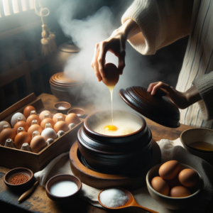 DALL·E 2023 10 11 23.14.48 Photo In a cozy dimly lit Korean kitchen a person is gently pouring a whisked egg mixture into a traditional earthenware pot to make Gyeranjjim. St