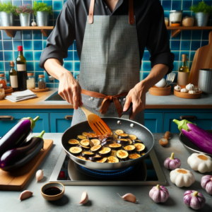 DALL·E 2023 10 11 23.18.01 Photo In a vibrant kitchen setting with blue tiles a chef donning a checkered apron is stir frying Gaji Bokkeum in a stainless steel pan. The eggp