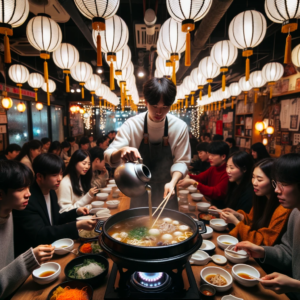 DALL·E 2023 10 11 23.24.11 Photo In a lively Korean eatery with hanging lanterns a group of friends gathers around a table to enjoy Budae Jjigae. A server pours broth into a l
