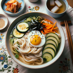 DALL·E 2023 10 11 23.27.15 Photo A porcelain bowl filled with Janchi Guksu Korean banquet noodles sits on an embroidered tablecloth. The thin wheat noodles are submerged in a
