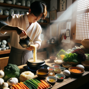 DALL·E 2023 10 11 23.27.16 Photo In a sunlit traditional Korean kitchen a chef is diligently preparing Janchi Guksu. He is pouring broth over freshly cooked noodles in a bowl