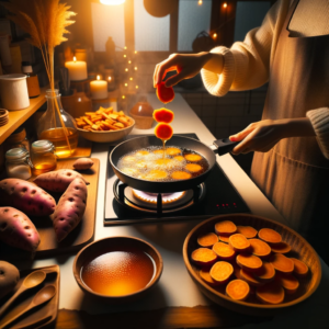 DALL·E 2023 10 11 23.35.03 Photo In a cozy kitchen illuminated by warm lighting a person is carefully frying pieces of sweet potato for Goguma Mattang. Once golden they dip e