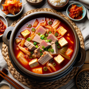DALL·E 2023 10 11 23.38.32 Photo A bubbling earthenware pot filled with Chamchi Kimchi Jjigae Korean tuna kimchi stew is placed on a woven placemat. The stew boasts tender ch