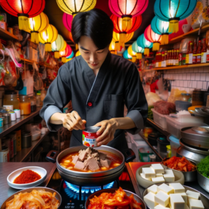 DALL·E 2023 10 11 23.38.34 Photo In a vibrant Korean diner with colorful lanterns a chef is skillfully preparing Chamchi Kimchi Jjigae. As the stew simmers the chef adds cann