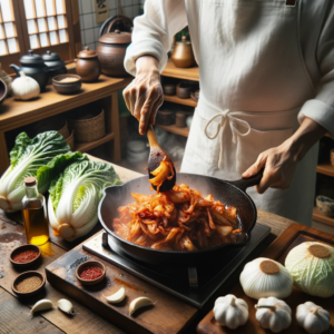 DALL·E 2023 10 11 23.42.37 Photo In a kitchen with traditional Korean decor a cook wearing a white apron is fervently stir frying Bokkeum Kimchi in a cast iron skillet. The