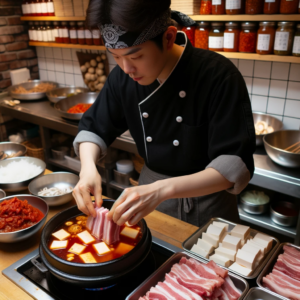 DALL·E 2023 10 11 23.46.43 Photo In a bustling Korean restaurant a chef wearing a black bandana is meticulously preparing Dwaeji Gochujang Jjigae. Hes adding slices of pork