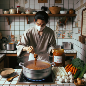 DALL·E 2023 10 11 23.50.33 Photo In a homey Korean kitchen with ceramic tiles a chef with a cloth tied around their forehead is carefully adding ingredients to a pot of simm