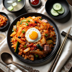 DALL·E 2023 10 11 23.55.05 Photo A black lacquer plate heaped with Kimchi Bokkeumbap Korean kimchi fried rice sits on a silk table runner. The fried rice has a reddish hue fr
