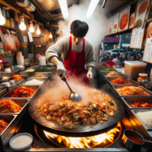 DALL·E 2023 10 11 23.56.17 Photo In a bustling Korean street food stall a vendor wearing a red apron is energetically stir frying Kimchi Bokkeumbap on a large griddle. Flame