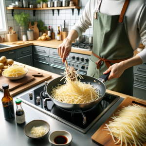 DALL·E 2023 10 11 23.58.46 Photo In a modern Korean kitchen with stainless steel appliances a cook wearing a green apron is expertly stir frying Gamja Chae Bokkeum in a non