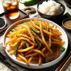 DALL·E 2023 10 11 23.59.02 Photo A white porcelain dish elegantly presents Gamja Chae Bokkeum Korean stir fried potato strips. The julienned potatoes are golden and crispy on
