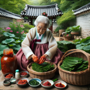 DALL·E 2023 10 12 00.03.02 Photo In a serene Korean garden setting an elderly woman wearing a classic hanbok is meticulously preparing Kkaennip Kimchi. She spreads the chili