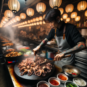 DALL·E 2023 10 12 00.07.43 Photo In an ambient Korean eatery illuminated by hanging lanterns a chef with tattoos on their arms is skillfully stir frying Jjukkumi Bokkeum on