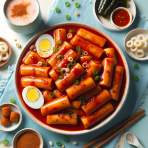 DALL·E 2023 10 12 00.11.26 Photo A vibrant dish brimming with Tteokbokki Korean spicy rice cakes is placed on a pastel blue tablecloth. The cylindrical rice cakes are bathed