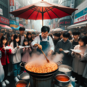 DALL·E 2023 10 12 00.11.27 Photo On a busy street in Seoul a street vendor under a red umbrella is attentively cooking Tteokbokki in a large pan. Steam rises as the rice cakes