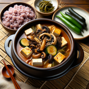 DALL·E 2023 10 12 00.14.33 Photo A simmering earthenware pot of Cheonggukjang Jjigae Korean rich fermented soybean paste stew is placed on a bamboo mat. The stew is thick and