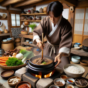 DALL·E 2023 10 12 00.14.35 Photo In a cozy Korean kitchen setting with wooden beams a chef wearing a brown traditional robe is diligently stirring Cheonggukjang Jjigae in a