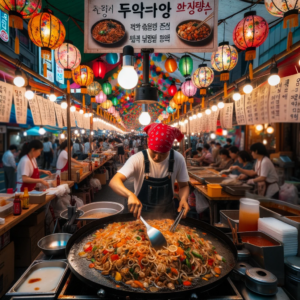 DALL·E 2023 10 12 00.24.59 Photo In a lively Korean street market under a canopy of colorful lanterns a vendor wearing a red bandana is expertly stir frying Sundae Bokkeum