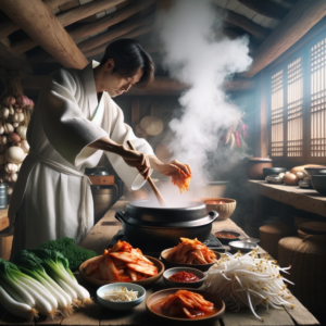 DALL·E 2023 10 12 00.32.05 Photo In a rustic Korean kitchen with wooden beams a cook clad in a white robe is gently stirring a pot of Kimchi Kongnamul Guk. The steam from th