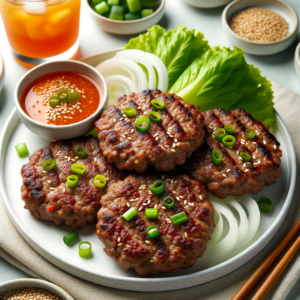 DALL·E 2023 10 12 00.36.27 Photo A pristine white plate showcases Tteokgalbi Korean grilled short rib patties. The patties made from finely minced beef ribs are grilled to