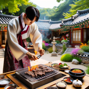 DALL·E 2023 10 12 00.36.29 Photo In a vibrant Korean courtyard garden a chef wearing a traditional hanbok is expertly grilling Tteokgalbi on a charcoal grill. The flames kis