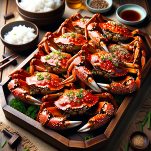 DALL·E 2023 10 12 00.45.56 Photo A traditional wooden tray presents Yangnyeom Gejang Korean seasoned raw crab. The crabs marinated in a spicy and sweet soy based sauce glis