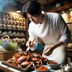 DALL·E 2023 10 12 00.45.58 Photo In an atmospheric Korean seafood restaurant a chef wearing a white uniform is attentively preparing Yangnyeom Gejang. With expertise he bru