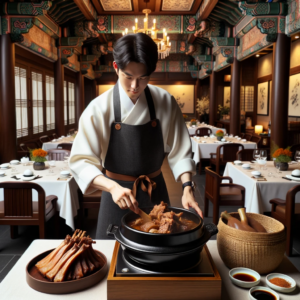 DALL·E 2023 10 12 00.49.49 Photo In a sophisticated Korean dining room with traditional decor a chef wearing a black apron is putting the final touches on a pot of Dwaeji De
