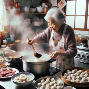 DALL·E 2023 10 12 00.56.24 Photo In a bustling Korean family kitchen during Lunar New Year a grandmother wearing a floral apron is lovingly ladling Tteok Mandu Guk into bowl