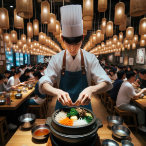 DALL·E 2023 10 12 01.06.13 Photo In a bustling Korean restaurant with hanging wooden decor a chef wearing a white hat and blue apron skillfully assembles Bibimbap in a dolso