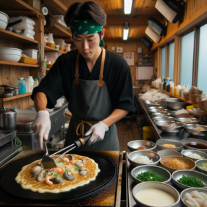 DALL·E 2023 10 12 01.09.15 Photo In a coastal Korean eatery with wooden interiors a chef wearing a green bandana is attentively flipping a large Haemul Pajeon on a sizzling