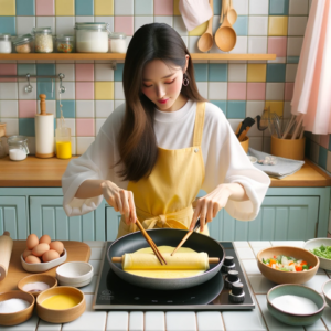 DALL·E 2023 10 12 01.14.44 Photo In a bright Korean kitchen with pastel colored tiles a cook wearing a yellow apron skillfully rolls Gyeran Mari on a non stick pan. Using wo