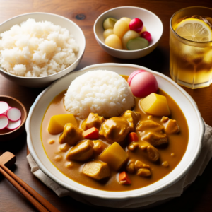 DALL·E 2023 10 12 01.27.59 Photo On a polished wooden table theres a white porcelain dish elegantly presenting a serving of curry. The thick rich curry sauce with its golde
