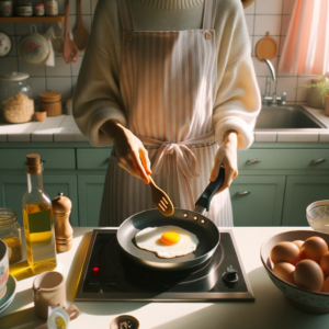 DALL·E 2023 10 12 01.33.13 Photo In a cozy kitchen with pastel colored walls a person wearing a striped apron gently flips a Gyeran Furai fried egg on a non stick skillet