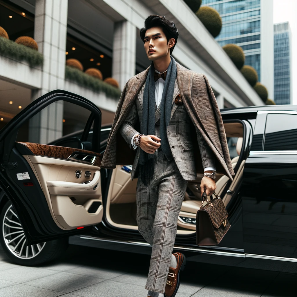 DALL·E 2023 10 24 23.11.14 Photo of an East Asian man in a designer outfit stepping out of a high end car showcasing his prosperity and strong self worth